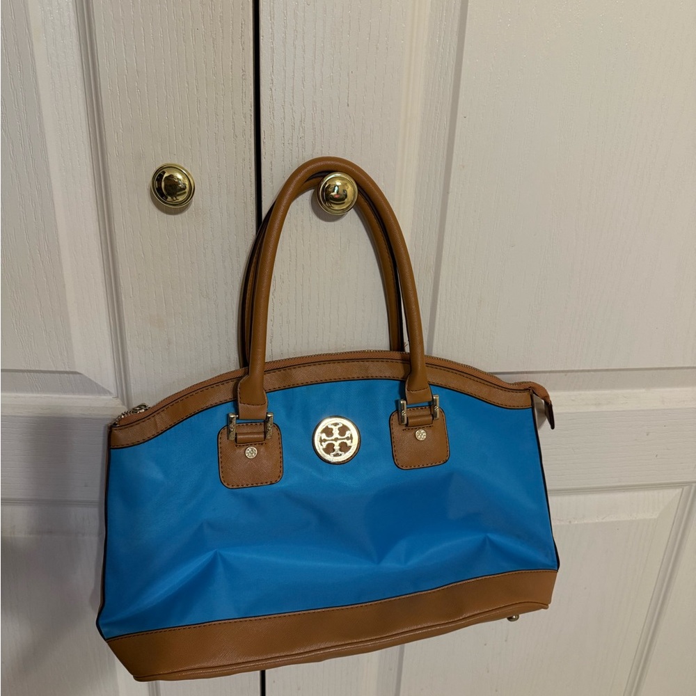 Tory Burch Blue and Brown Tote with Structured Design